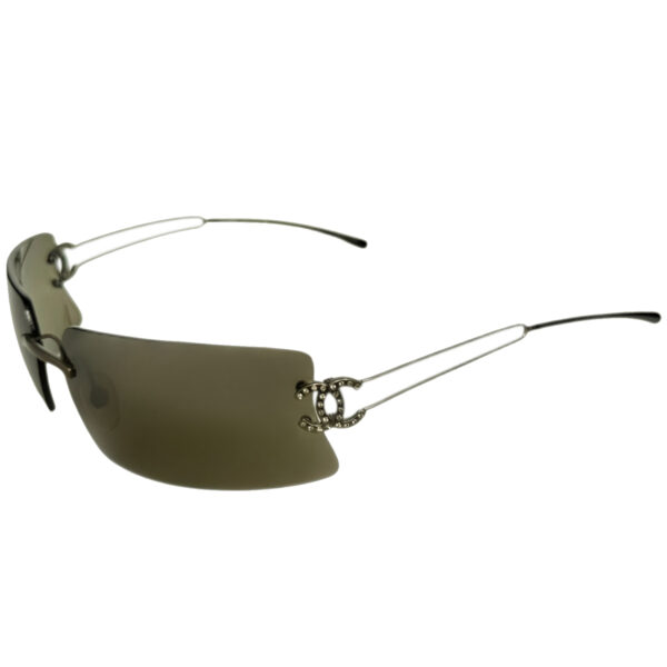 Vintage Chanel Diamante Logo Rimless Wraparound Sunglasses in Khaki Green | NITRYL