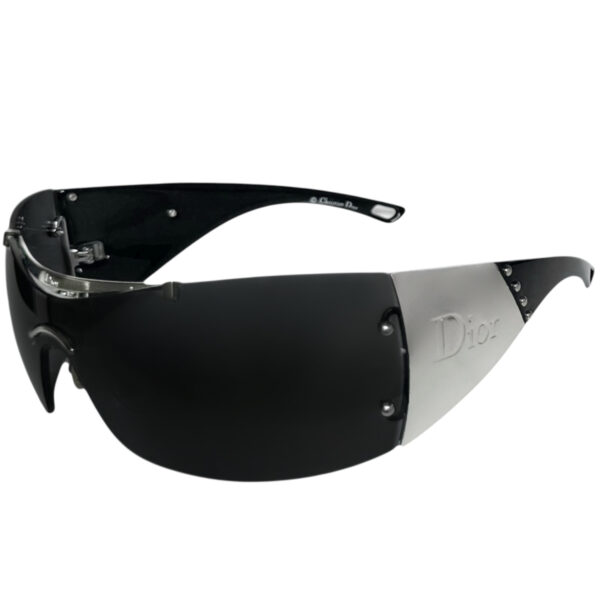 Vintage Dior Logo Oversized Wraparound Sunglasses in Black / Silver | NITRYL