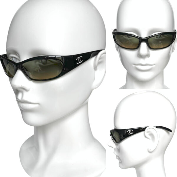 Chanel Diamante Logo Wraparound Sunglasses in Black / Yellow - Green - Image 4