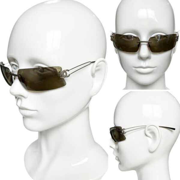 Chanel Diamante Logo Rimless Wraparound Sunglasses in Khaki Green - Image 4