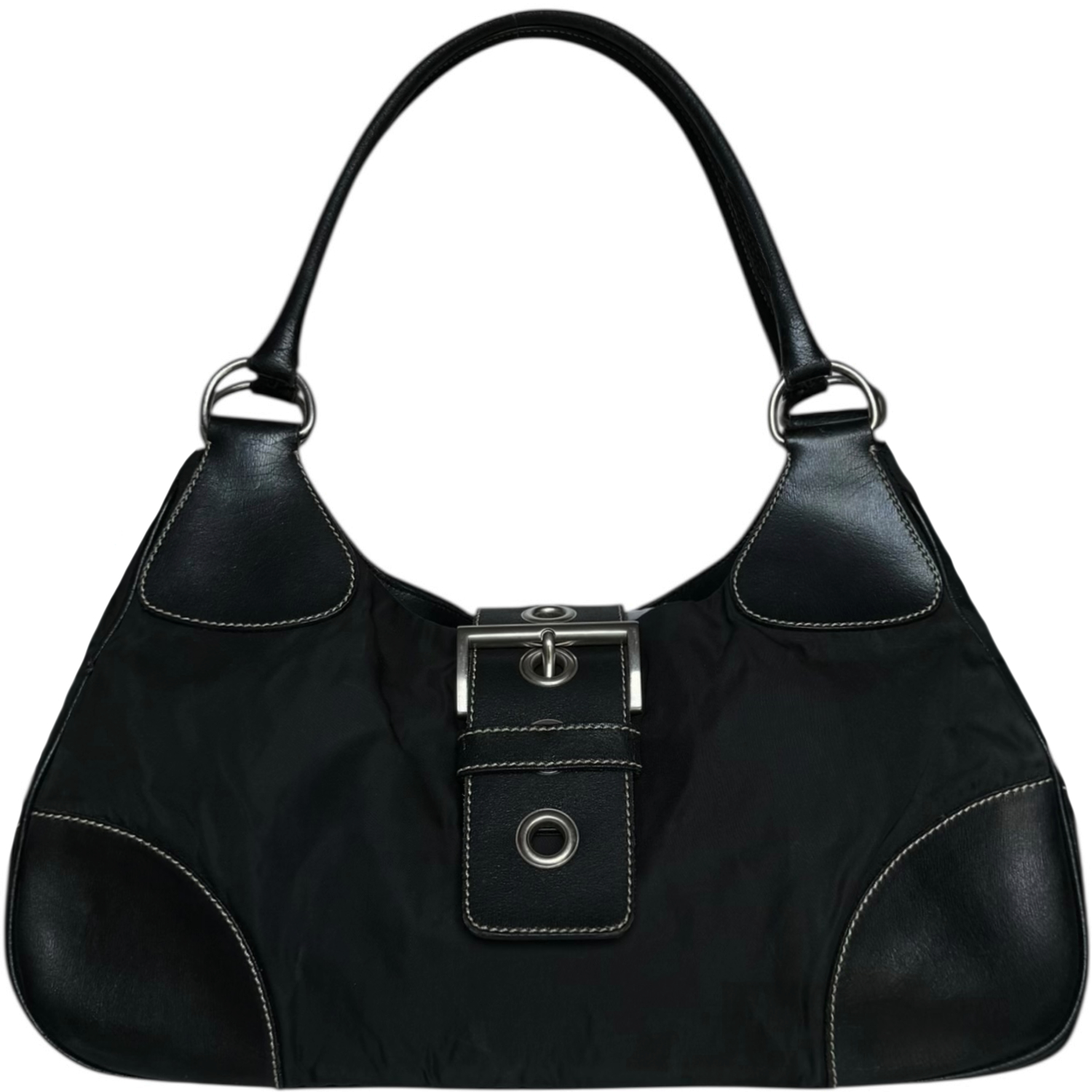 Vintage Prada Nylon Buckle Half Moon Shoulder Bag in Black / Silver | NITRYL