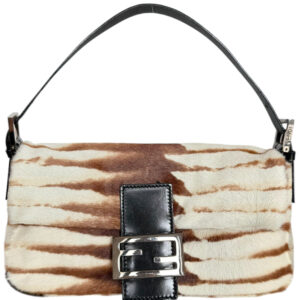 Vintage Fendi Striped Calfskin Shoulder Baguette Bag in White - Cream / Brown / Black | NITRYL