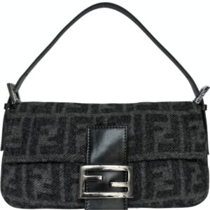 Vintage Fendi Monogram Wool Shoulder Baguette Bag in Charcoal Grey / Silver | NITRYL