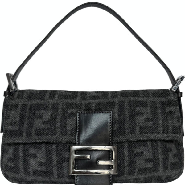 Vintage Fendi Monogram Wool Shoulder Baguette Bag in Charcoal Grey / Silver | NITRYL