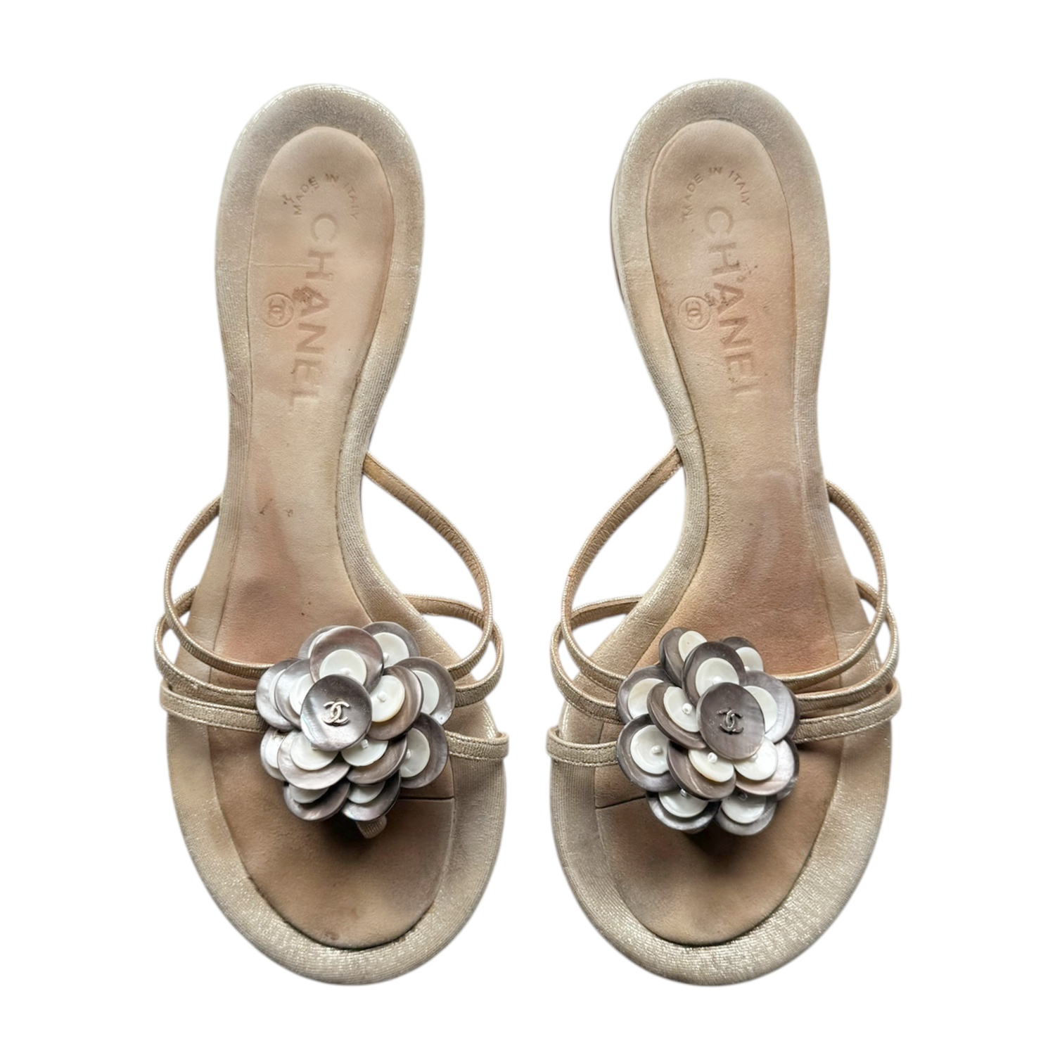 Vintage Chanel Camellia Logo Mother of Pearl Sandals in Beige UK 4.5 | NITRYL