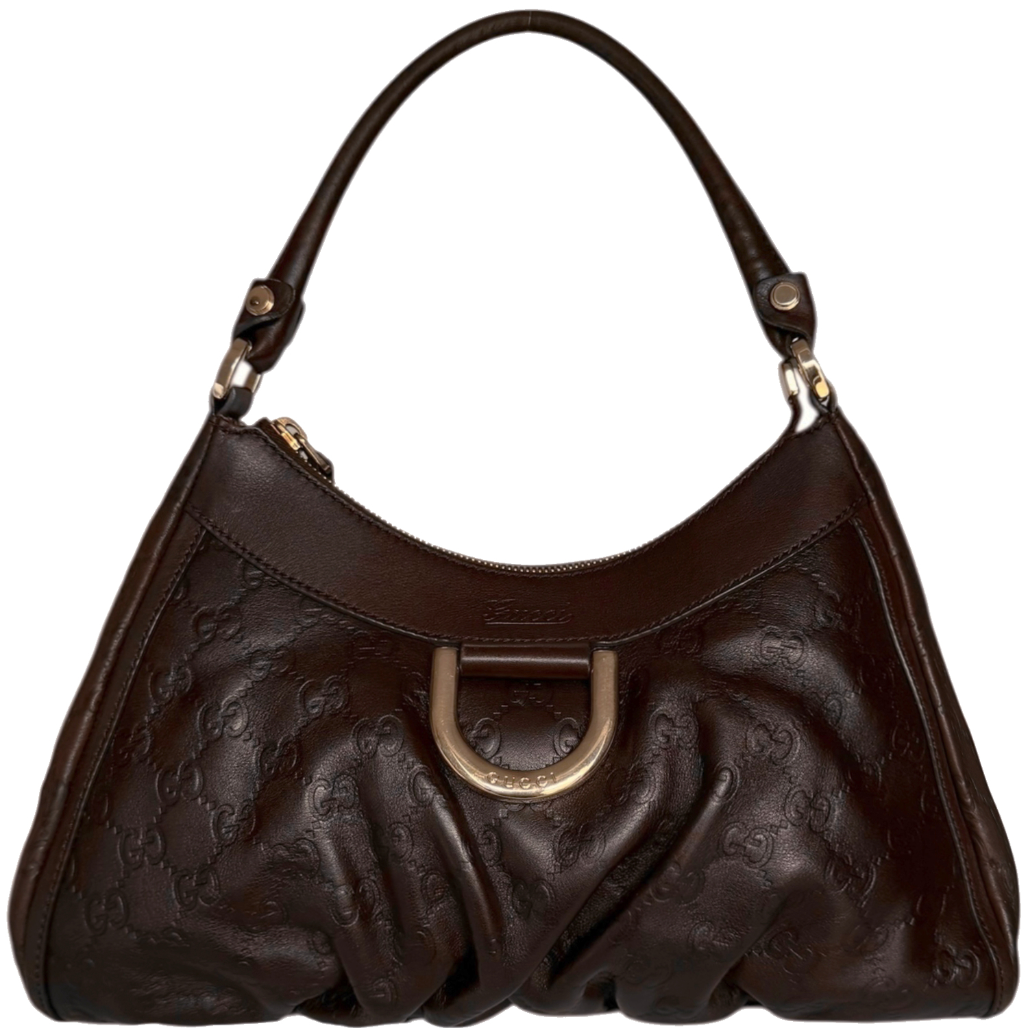 Vintage Gucci Monogram Leather D Ring Hobo Shoulder Bag in Brown / Gold | NITRYL