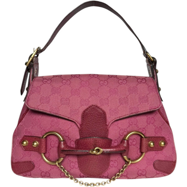 Vintage Gucci Monogram Horsebit Shoulder Bag in Magenta Pink / Gold | NITRYL
