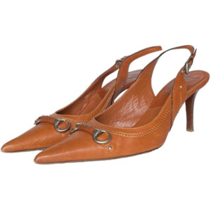 Vintage Dior Logo Leather Slingback Heels in Tan / Silver | NITRYL