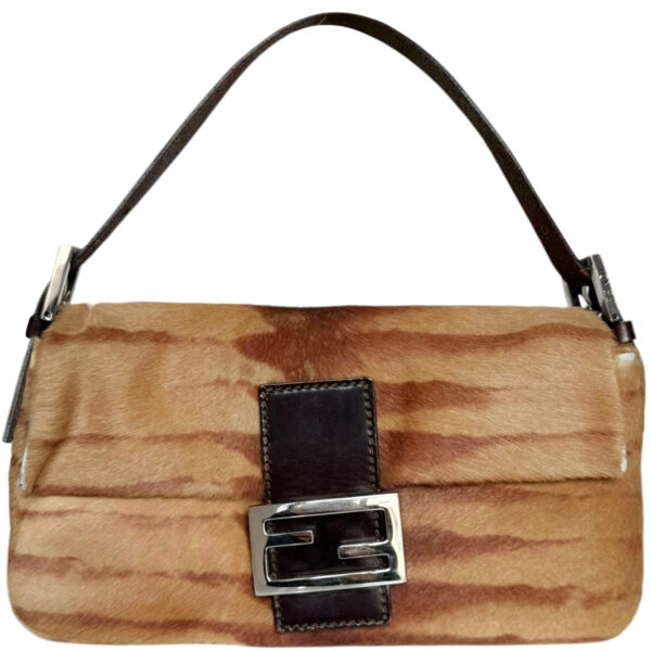 Vintage Fendi Striped Calfskin Shoulder Baguette Bag in Tan / Brown / Silver | NITRYL