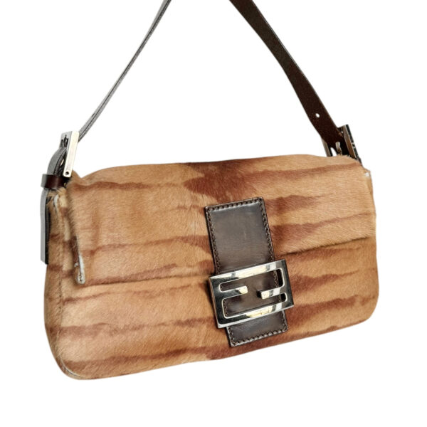 Fendi Striped Calfskin Shoulder Baguette Bag in Tan / Brown / Silver - Image 2