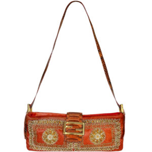 Vintage Fendi Calfskin Beaded Embellished Exotic 2-Way Shoulder Baguette Bag in Orange / Gold | NITRYL