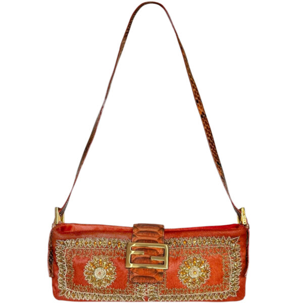 Vintage Fendi Calfskin Beaded Embellished Exotic 2-Way Shoulder Baguette Bag in Orange / Gold | NITRYL