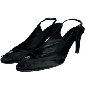 Vintage Chanel Diamante Logo Bow Satin Slingback Heels in Black / Gold UK 3.5 | NITRYL