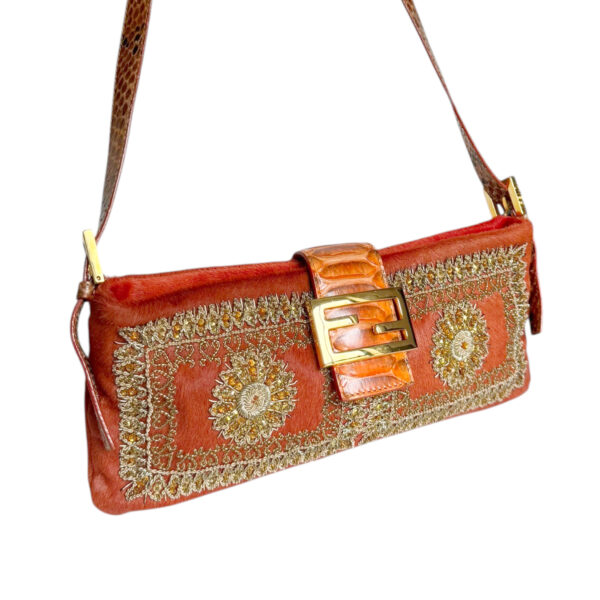 Fendi Calfskin Beaded Embellished Exotic 2-Way Shoulder Baguette Bag in Orange / Gold - Image 2