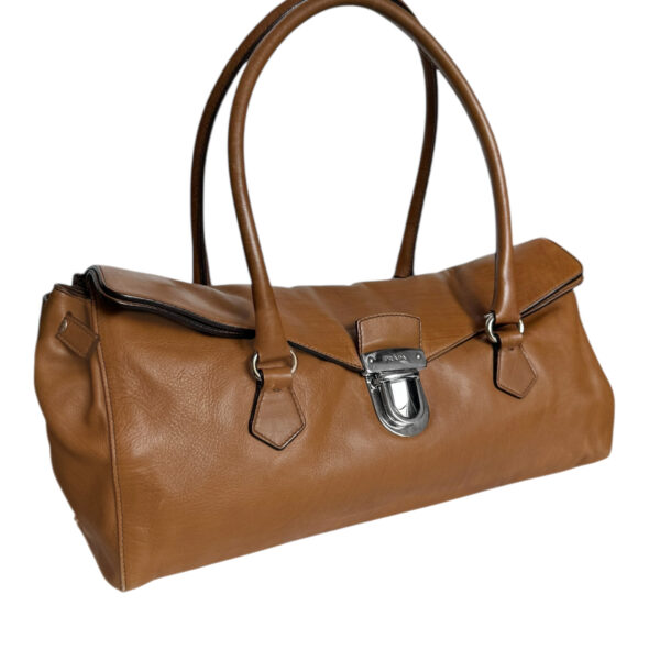 Prada Leather Buckle Shoulder Bag in Brown / Silver - Image 2