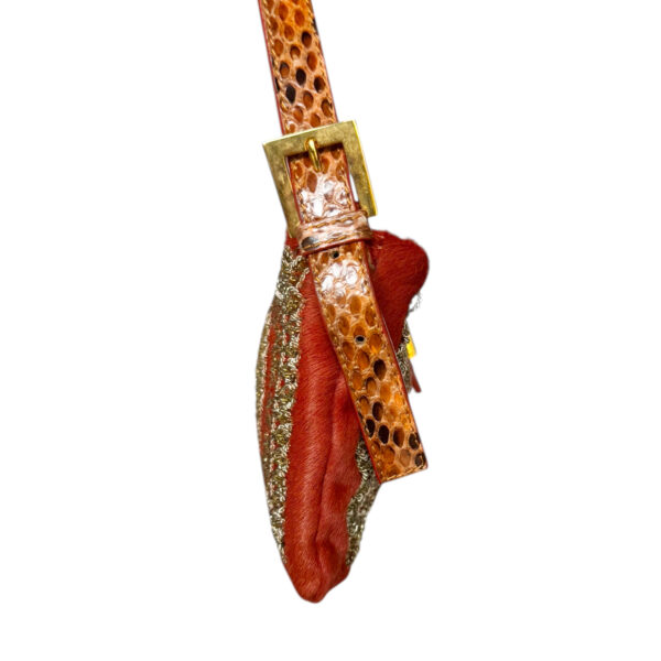 Fendi Calfskin Beaded Embellished Exotic 2-Way Shoulder Baguette Bag in Orange / Gold - Image 3