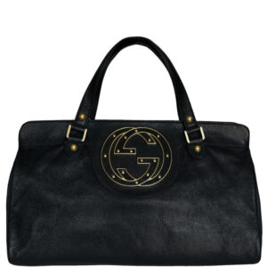 Vintage Gucci Studded Logo Leather Shoulder Bag in Black / Gold | NITRYL