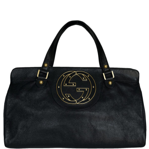 Vintage Gucci Studded Logo Leather Shoulder Bag in Black / Gold | NITRYL