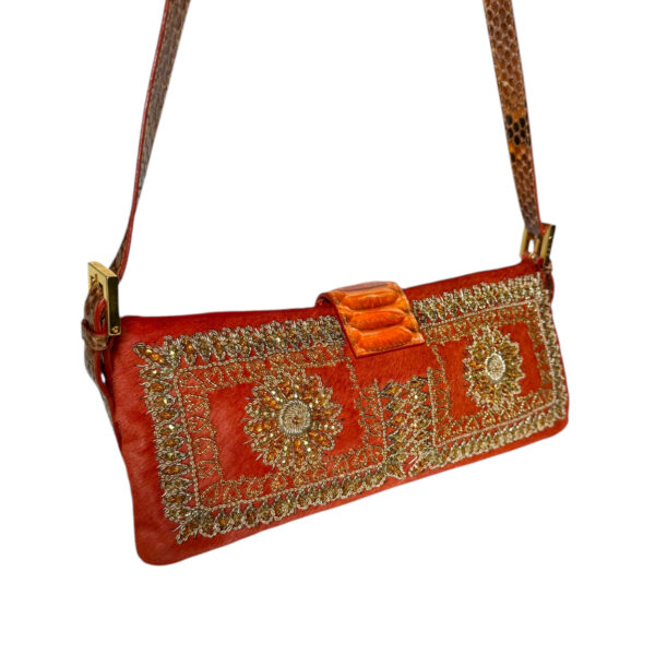Fendi Calfskin Beaded Embellished Exotic 2-Way Shoulder Baguette Bag in Orange / Gold - Image 4
