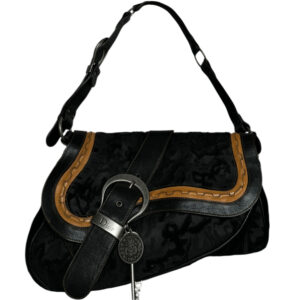 Vintage Dior Gaucho Velvet Leather Double Saddle Shoulder Bag in Black / Tan | NITRYL