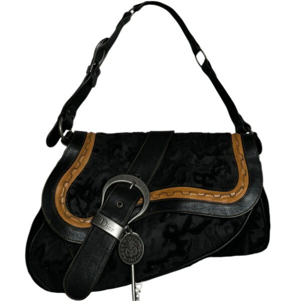 Vintage Dior Gaucho Velvet Leather Double Saddle Shoulder Bag in Black / Tan | NITRYL