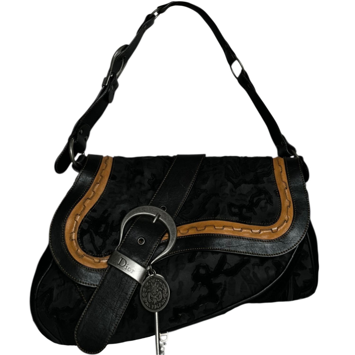 Vintage Dior Gaucho Velvet Leather Double Saddle Shoulder Bag in Black / Tan | NITRYL