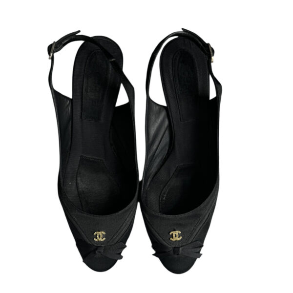 Chanel Diamante Logo Bow Satin Slingback Heels in Black / Gold UK 3.5 - Image 4