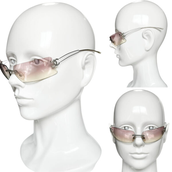 Chanel Diamante Logo Rimless Wraparound Sunglasses in Baby Pink / Silver - Image 4