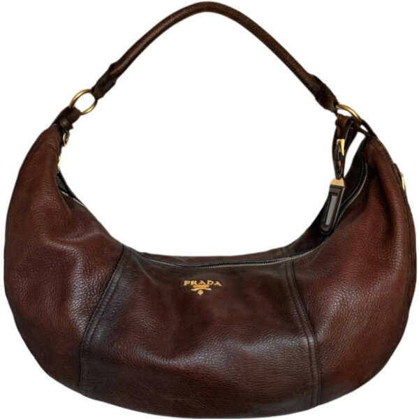 Vintage Prada Leather XL Half Moon Hobo Shoulder Bag in Brown / Gold | NITRYL