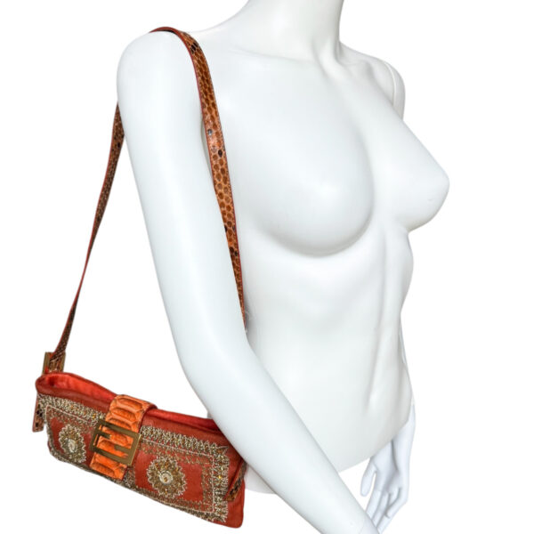 Fendi Calfskin Beaded Embellished Exotic 2-Way Shoulder Baguette Bag in Orange / Gold - Image 9