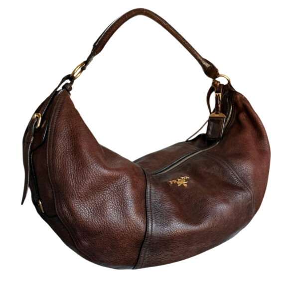 Prada Leather XL Half Moon Hobo Shoulder Bag in Brown / Gold - Image 2