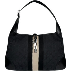 Vintage Gucci Monogram Stripe Jackie Shoulder Bag in Black / Beige / Silver | NITRYL