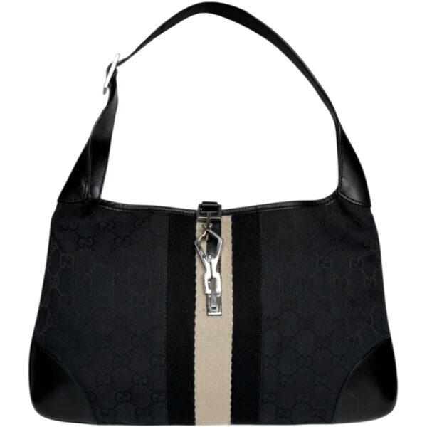 Vintage Gucci Monogram Stripe Jackie Shoulder Bag in Black / Beige / Silver | NITRYL