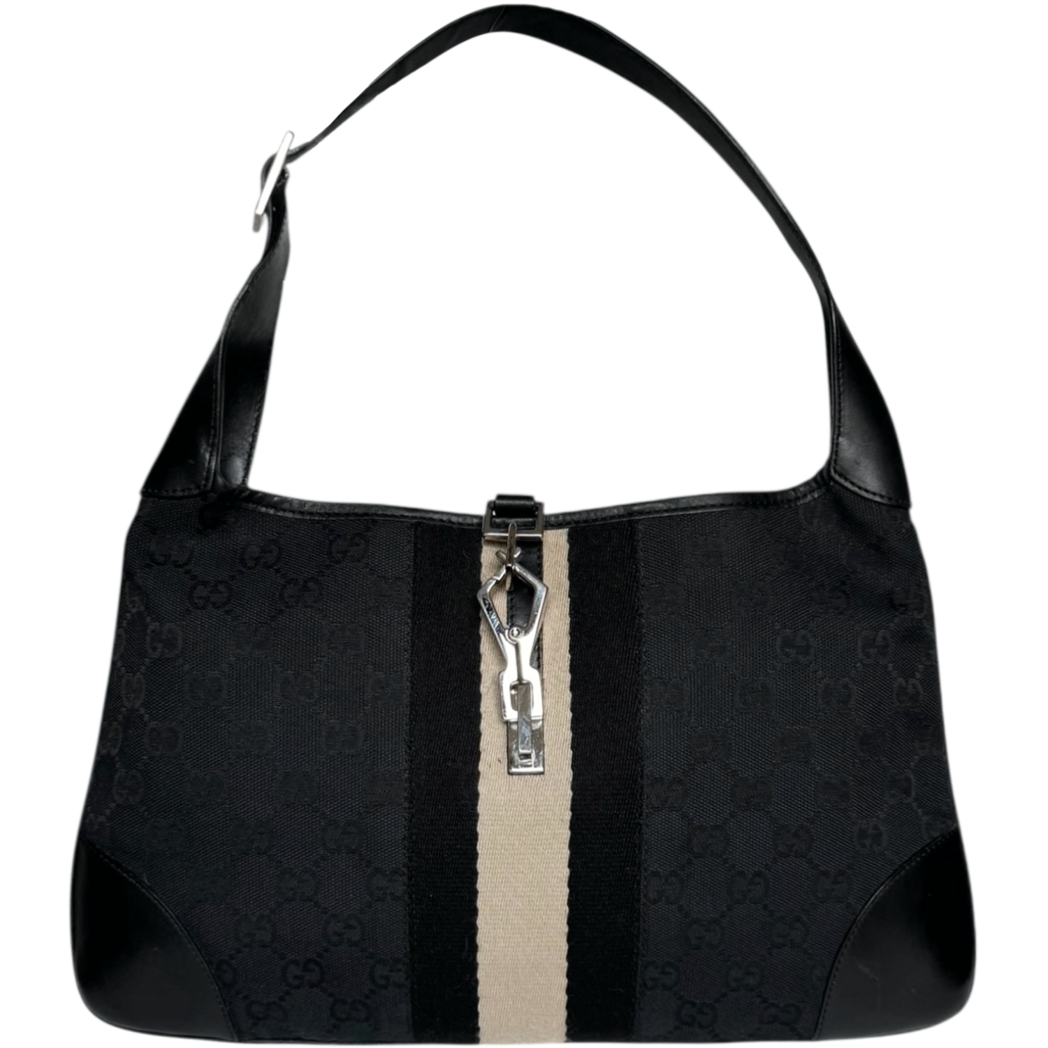 Vintage Gucci Monogram Stripe Jackie Shoulder Bag in Black / Beige / Silver | NITRYL