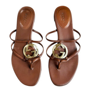 Vintage Gucci GG Logo Leather Thong Strappy Flip Flops in Tan / Gold UK 3.5 | NITRYL