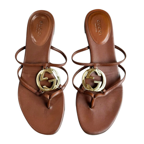 Vintage Gucci GG Logo Leather Thong Strappy Flip Flops in Tan / Gold UK 3.5 | NITRYL
