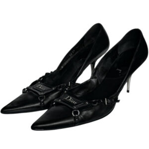 Vintage Dior Bondage Logo Leather Heels in Black / Silver UK 6 | NITRYL