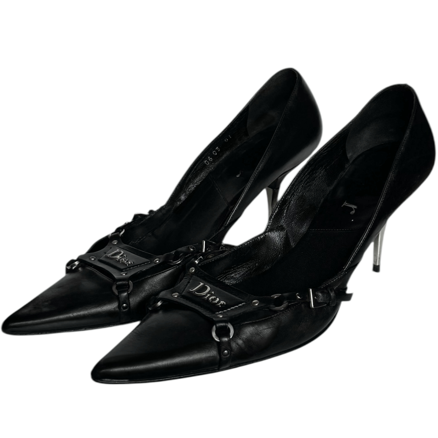 Vintage Dior Bondage Logo Leather Heels in Black / Silver UK 6 | NITRYL