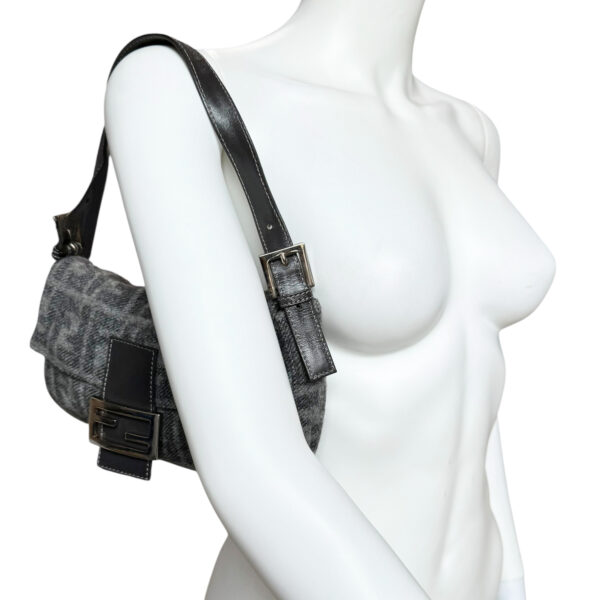 Fendi Monogram Wool Shoulder Baguette Bag in Charcoal Grey / Silver - Image 9