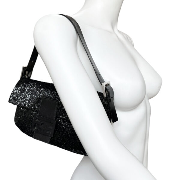 Fendi Beaded Embellished Shoulder Baguette Bag in Black / Silver - Image 9
