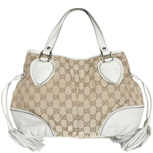Vintage Gucci Monogram Tribeca Tassel Shoulder Bag in Beige / White / Gold | NITRYL