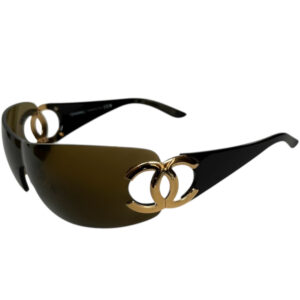 Vintage Chanel Logo Wraparound Sunglasses in Brown / Gold | NITRYL