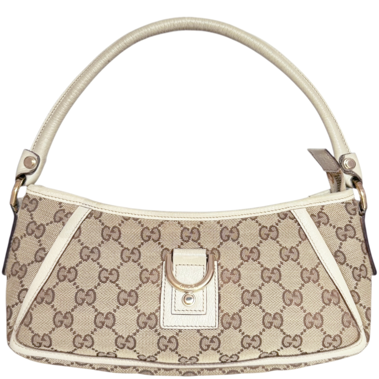 Vintage Gucci Monogram D Ring Shoulder Bag in Beige / Cream / Gold | NITRYL