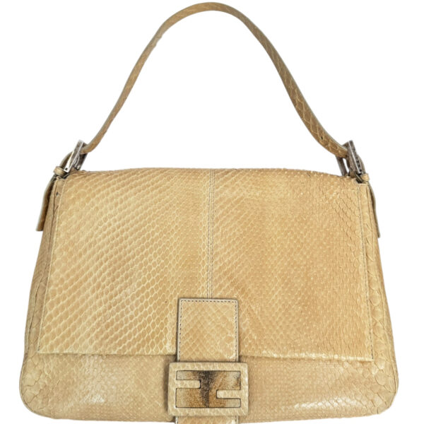 Vintage Fendi Python Exotic Shoulder Mamma Baguette Bag in Beige / Silver | NITRYL