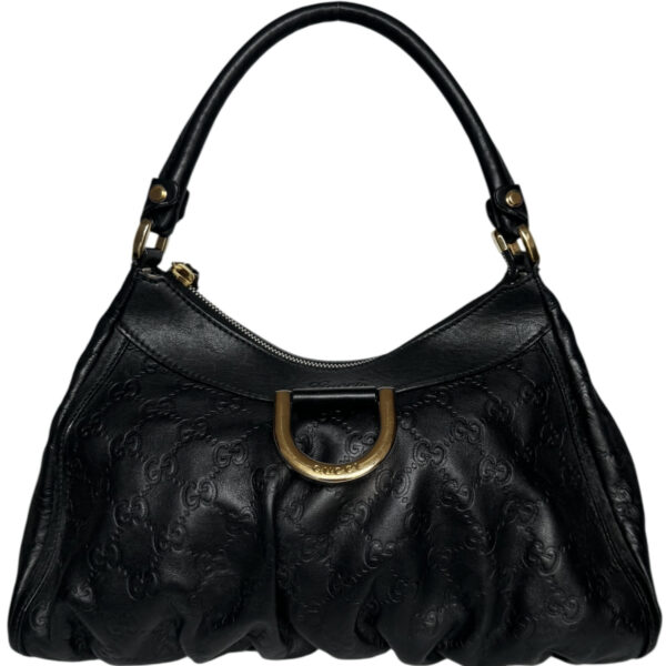 Vintage Gucci Monogram Leather D Ring Hobo Shoulder Bag in Black / Gold | NITRYL