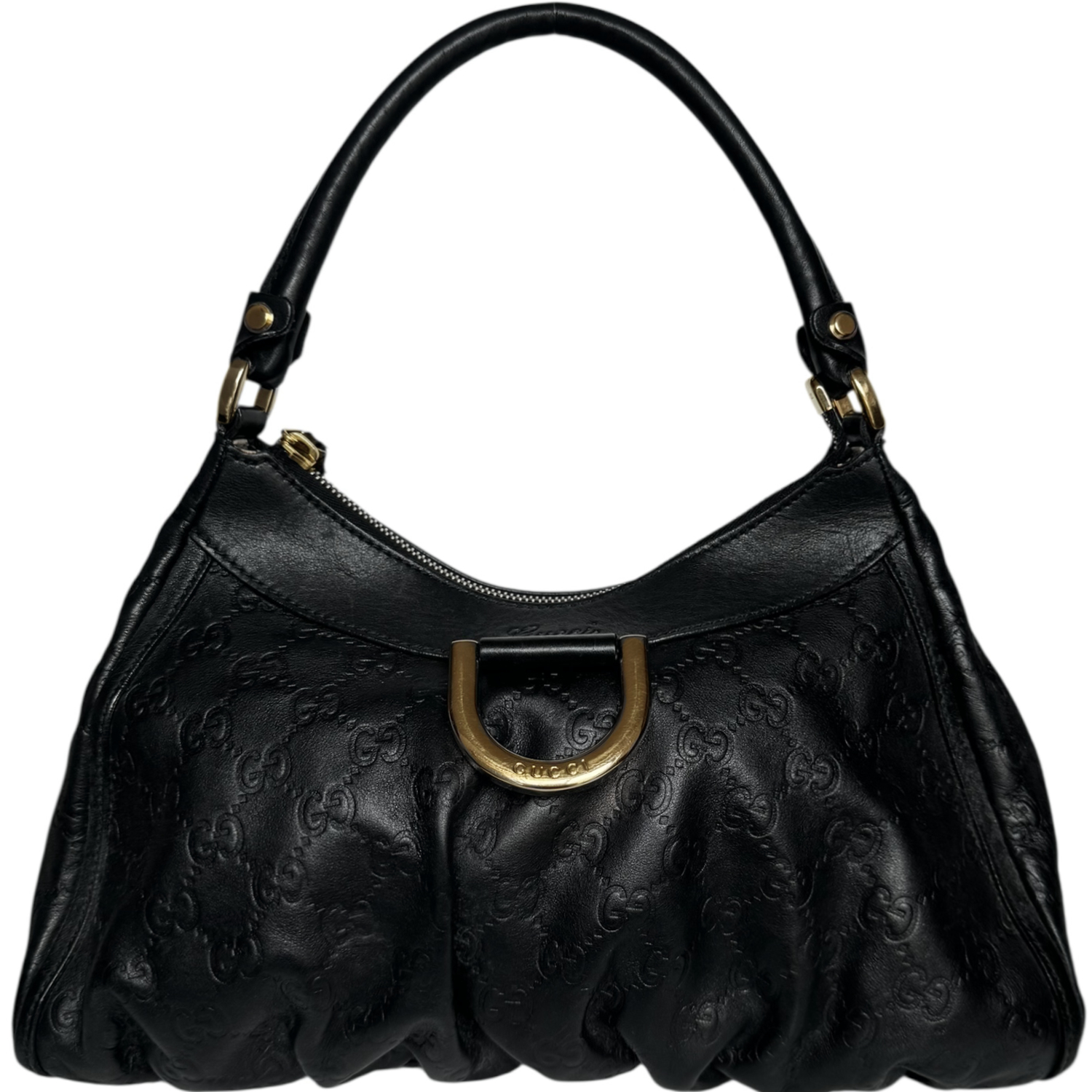 Vintage Gucci Monogram Leather D Ring Hobo Shoulder Bag in Black / Gold | NITRYL
