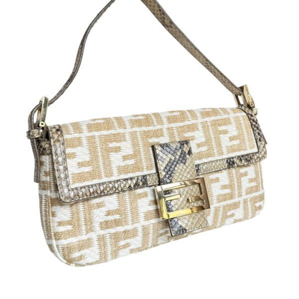 Fendi Monogram Rafia Exotic Shoulder Baguette Bag in Beige / Cream / Gold - Image 2
