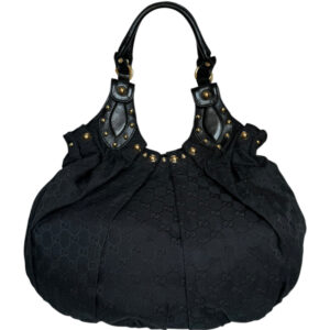 Vintage Gucci Monogram Studded Pelham Hobo Shoulder Bag in Black / Gold | NITRYL