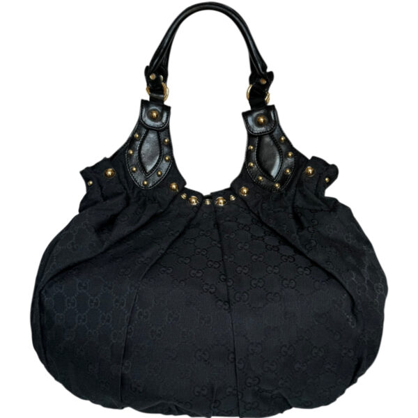 Vintage Gucci Monogram Studded Pelham Hobo Shoulder Bag in Black / Gold | NITRYL
