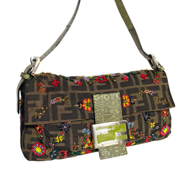 Fendi Monogram Floral Beaded Exotic Trim Shoulder Baguette Bag in Brown / Multicolour / Green - Image 2